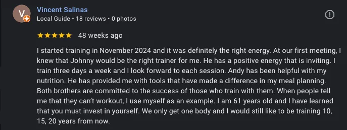 Google Review from Vincent Salinas